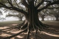 Wisps of fog tiptoe between the gnarled roots of ancient oaks