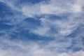 Wispy White Clouds in a Blue Sky. Blue Cloudy Sky. Nature and Climate Concept. Realistic Cloudscape. Royalty Free Stock Photo