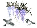 Wisteria blue purple foliage bouquet and little bird black and white gold fish ink watercolor asian style Traditional oriental Royalty Free Stock Photo