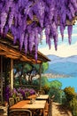 wisteria flowers hanging over charming lake