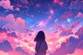 A Wistful Anime Girl Gazes At A Dreamy Pink Sky, Surrounded By Stars