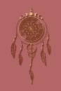 Detailed dreamcatcher with mandala ornament and Moon Phases. Gold Mystic symbol, Ethnic art with native American Indian boho style