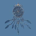 Detailed dreamcatcher with mandala ornament and Moon Phases. Gold Mystic symbol, Ethnic art with native American Indian boho style
