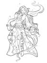 Witch with with flowing hair in beautiful costume conjure and flying in air. Magic vibes around her. Fairytale character design