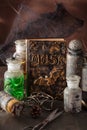 Witch apothecary jars magic potions book halloween decoration Royalty Free Stock Photo