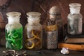 Witch apothecary jars magic potions halloween decoration Royalty Free Stock Photo