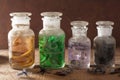 Witch apothecary jars magic potions halloween decoration Royalty Free Stock Photo