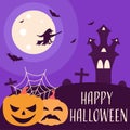 A witch on the background of the moon, bats, a castle and pumpkins with cobwebs. Vector flat illustration for Halloween Royalty Free Stock Photo