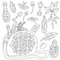 Witch bag, witchcraft items, magic vector illustration coloring page. Flat design Royalty Free Stock Photo
