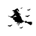 Witch black silhouette on broomstick.