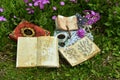 Witch books and cup of tea by flowerbed in the garden Royalty Free Stock Photo