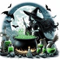 Witch Brewing Potion in Cauldron with Magical Ingredients Under Full Moon Royalty Free Stock Photo