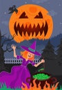 Witch brews magic poisonous in cauldron in night forest. Happy Halloween holiday greeting card. Monster jack scary Royalty Free Stock Photo