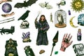 Witch brews a potion in a cauldron. Magic ball, book of spells, black cat, beldam and sorcery, Crow on skull. Sun and a