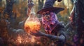 Witch brews a potion in the forest at night illustration. Scary Halloween.