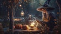 Witch brews a potion in the forest at night illustration. Scary Halloween.