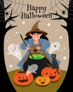 The witch brews a spider potion in a large cauldron on the forest. Halloween scene with a witch, pumpkins, ghosts and a Royalty Free Stock Photo