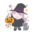 Witch bring Pumpkin with Cat. Cute Illustration