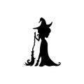 Witch with broom. Funny Hag in hat silhouette. Magic, fantasy