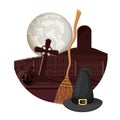 Witch broom and hat in cemetery scene