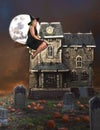 Witch on broom and haunted house