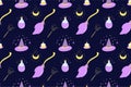 Witch broom seamless pattern. Witch moon magic elements Halloween violet dark background flying broom, stars.