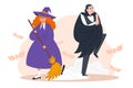 Witch with a broom sweeping the floor and a vampire