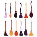 Witch brooms collection isolated on white background. A set of items for Halloween. Vector illustration