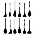 Witch brooms silhouettes collection isolated on white background. A set of items for Halloween. Vector illustration in
