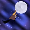 Witch on a broomstick flying halloween holiday moon in the starry sky Royalty Free Stock Photo