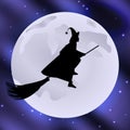 Witch on a broomstick flying halloween holiday moon in the starry sky Royalty Free Stock Photo