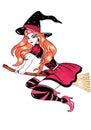 Witch on broomstick halloween watercolor painting