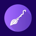 Witch broomstick purple flat design long shadow glyph icon. Magical broom stick for hag, sorceress. Halloween magic item