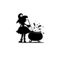 Witch with caldron. Funny Hag makes potion silhouette. Magic, fantasy. Flat design