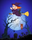 The witch cartoon flying on a broom on a full moon over the cemetery Royalty Free Stock Photo