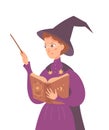 Witch casting spell with wand and book. Woman in glasses, hat and purple gown vector illustration. Fantasy world with