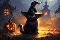 witch cat on black hat. Generative ai Royalty Free Stock Photo