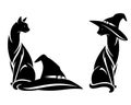 Witch cat and cone hat black and white vector outline