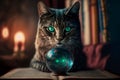 Witch cat with crystal ball and magic spell book . Generative AI Royalty Free Stock Photo