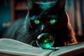 Witch cat with crystal ball and magic spell book . Generative AI Royalty Free Stock Photo