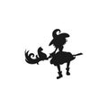 Witch with cat flies on the broom. Funny Hag in hat silhouette. Magic, fantasy