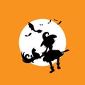 Witch with cat flies on the broom in the night sky. Moon, bats and and hag in hat Royalty Free Stock Photo