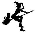 Silhouette Witch and Cat Flying On Broomstick