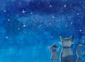 Witch and Cat under Blue Galaxy Night Sky Watercolor