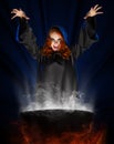 Witch with cauldron on blue light background Royalty Free Stock Photo