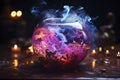 Witch cauldron with boiling luminous potion and various magic ritual attributes for alchemy, spooky wallpaper for Halloween, AI