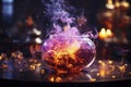Witch cauldron with boiling luminous potion and various magic ritual attributes for alchemy, spooky wallpaper for Halloween, AI