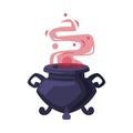 Witch Cauldron with Boiling Potion, Witchcraft Attribute, Happy Halloween Object Cartoon Style Vector Illustration on