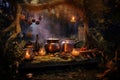 Witch cauldron with brewing potions spooky scene in forest. Generative AI Royalty Free Stock Photo