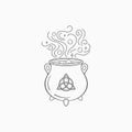 Witch cauldron with bubbling liquid. Magic symbol cauldron , monochrome vector illustration, isolated on white